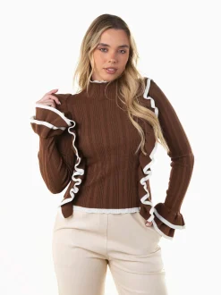 Camisola malha canelada com folhos