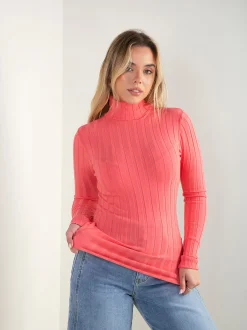 Camisola malha canelada gola alta dobrada