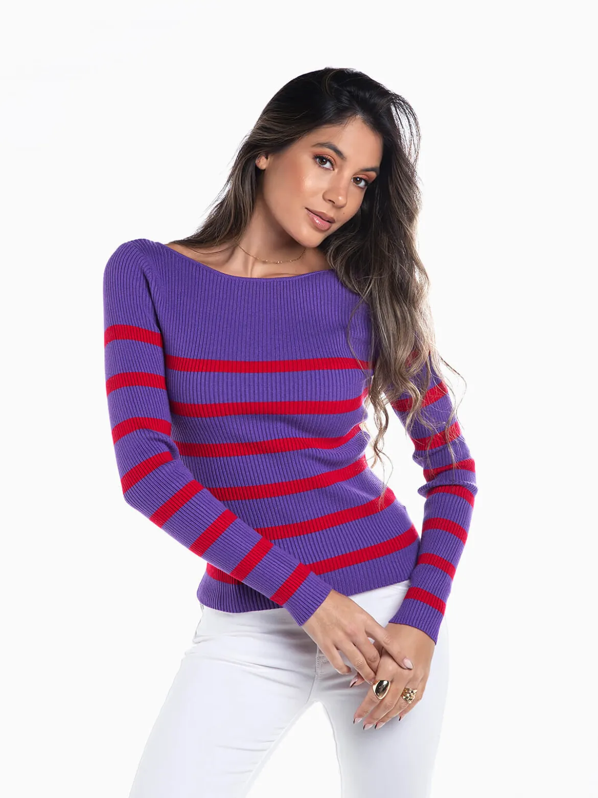 Camisola malha canelada às riscas