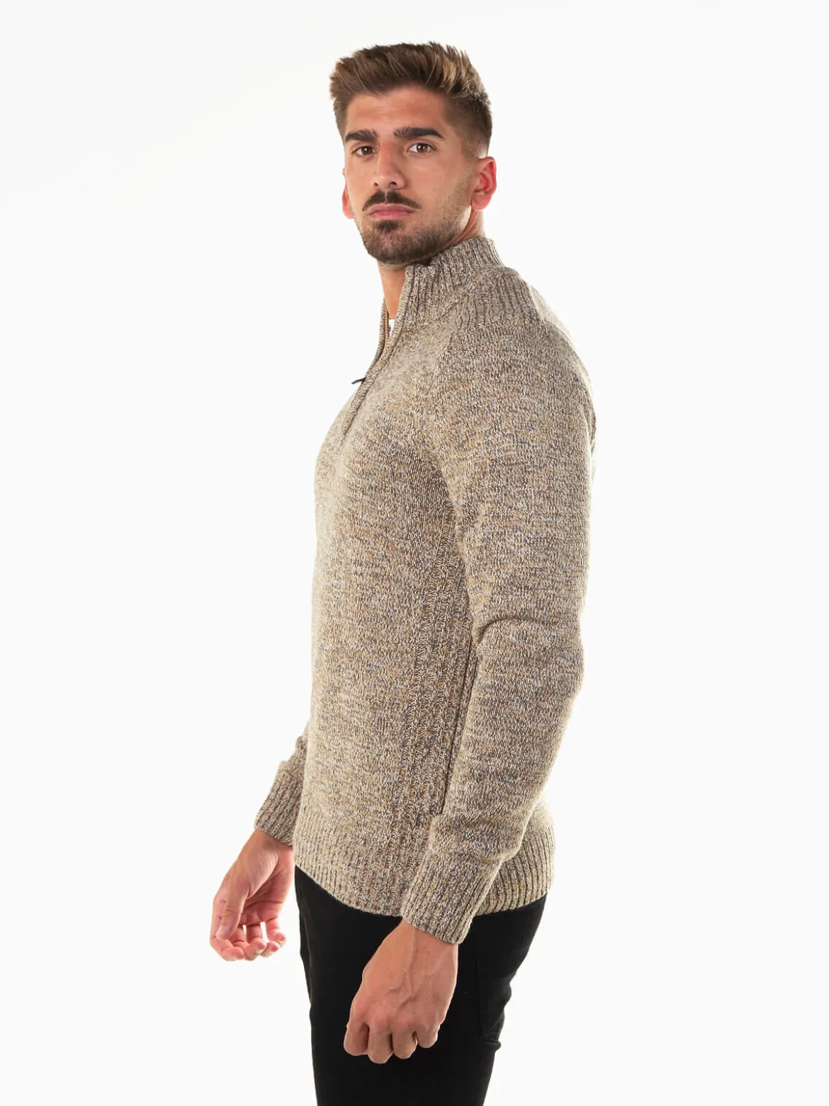 Camisola malha mesclada gola com fecho