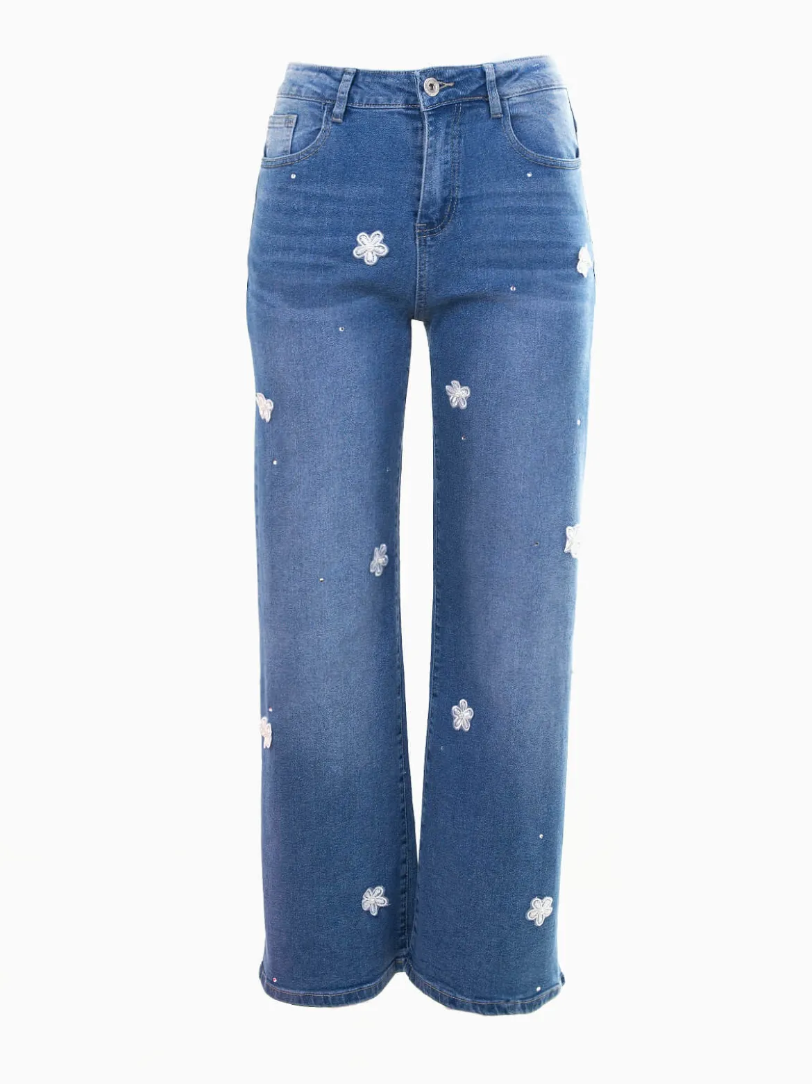 Jeans wide leg com aplicações florais