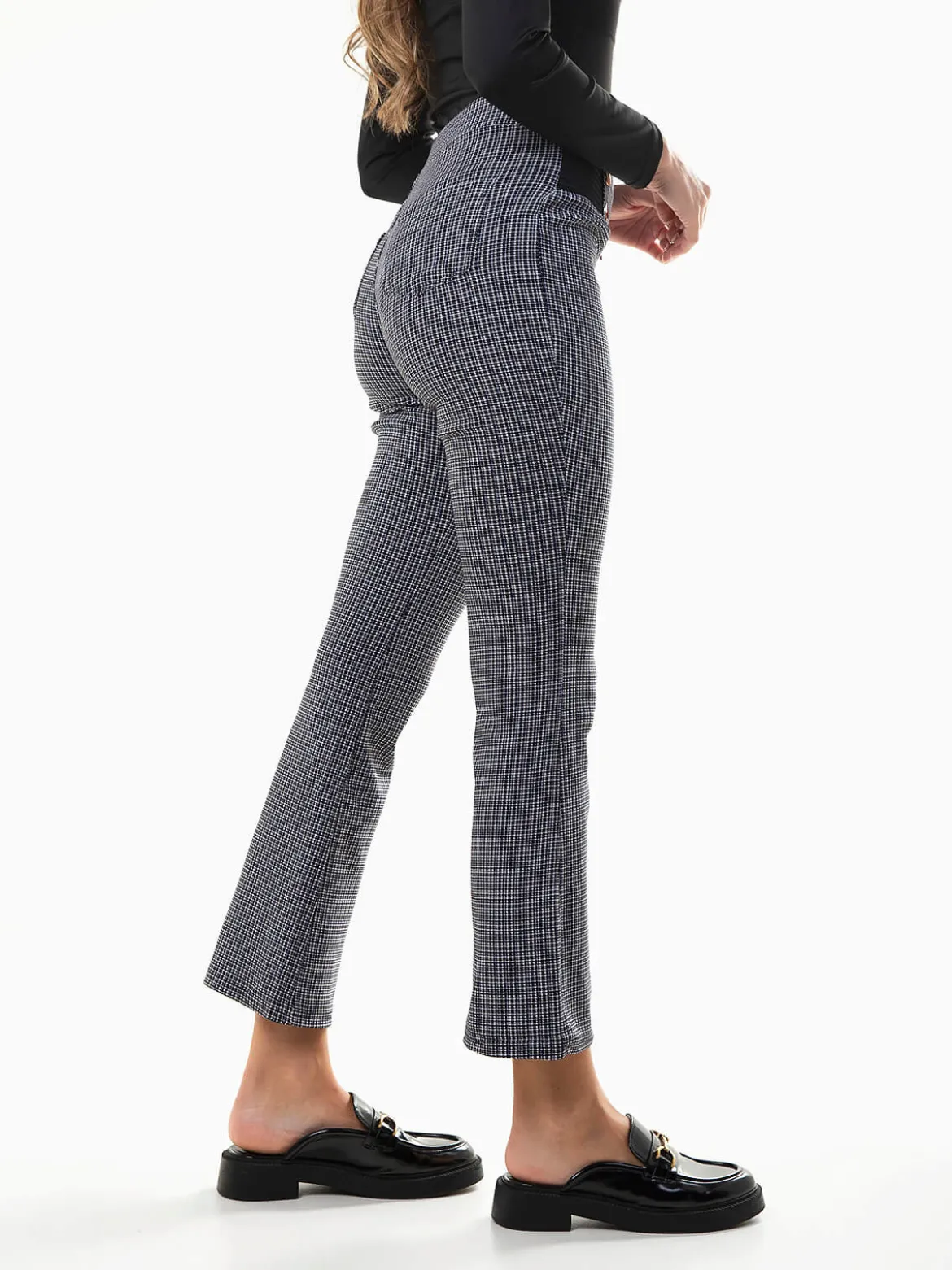 Leggings flare xadrez com botões