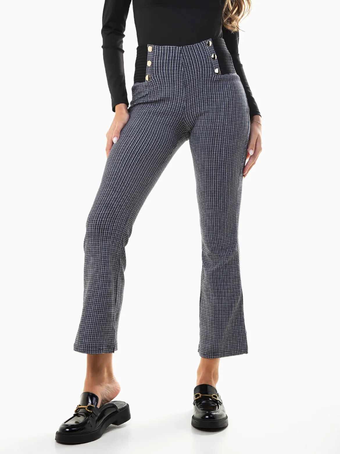 Leggings flare xadrez com botões