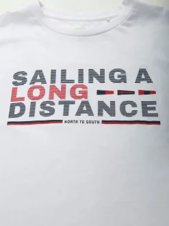 T-shirt manga curta com texto