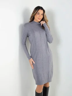Vestido malha entrançada midi gola perkins